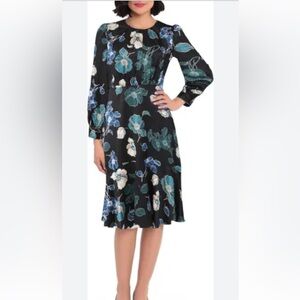 Maggy London Black Floral Jacquard Long-Sleeve Midi Dress, Flounce Hem, Size 8